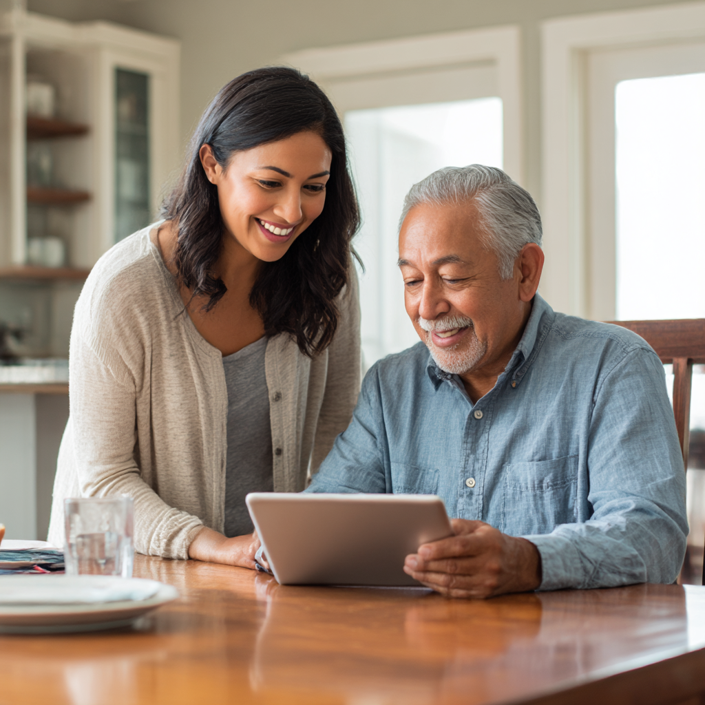 Companion helping client with technology